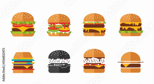 Collection of various stylized hamburger designs, showcasing different toppings and arrangements.