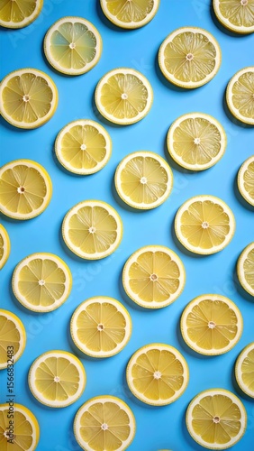Sliced yellow citrus on a bright blue backdrop, top view