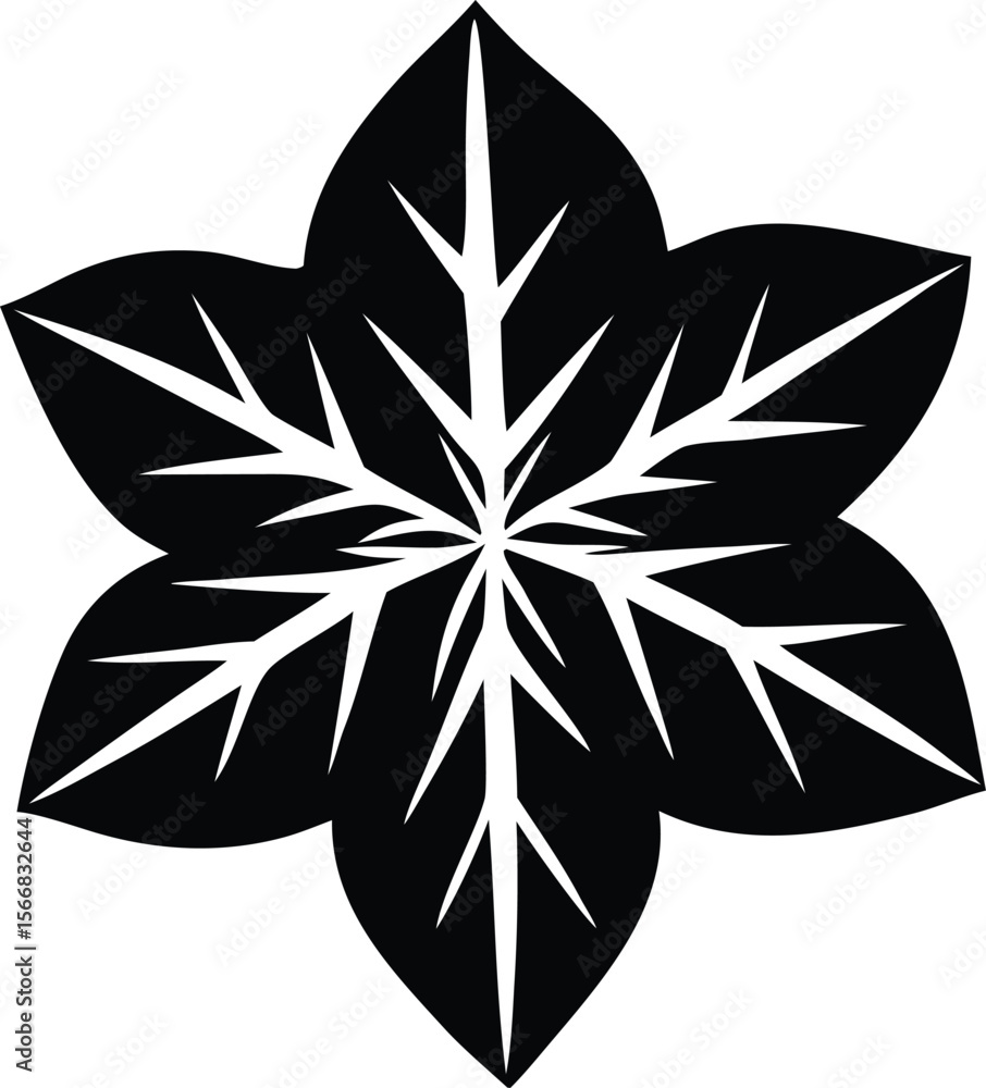 A stylized black and white six pointed star shaped floral emblem with radiating white veins on a white background