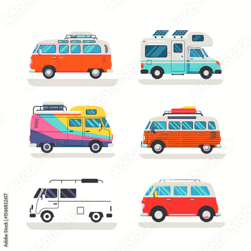 Colorful camper vans and RVs are displayed in a flat vector illustration, showcasing different styles and designs.