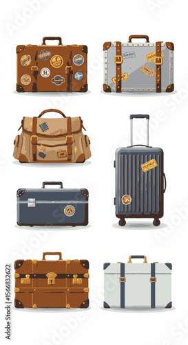 Various travel suitcases and bags, displayed in a grid format, showcasing different styles and materials.