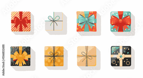 A collection of eight diversely wrapped presents, showcasing various ribbon styles and patterns.