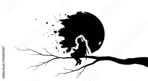 Silhouette of person Moon tree landscape.