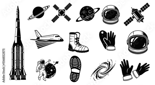 Space icons Rocket with planet, and space suit Vector.