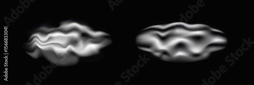 Set of two abstract vector illustrations featuring ultrathin lines forming fluid geometry and smoke-like shapes. The distorted, dynamic structures resemble digital fabric or fractals