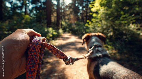 Person walking dog on leash in sunny forest
