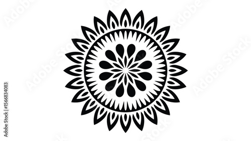 A black and white circular mandala with petal and teardrop shapes in a symmetrical design style