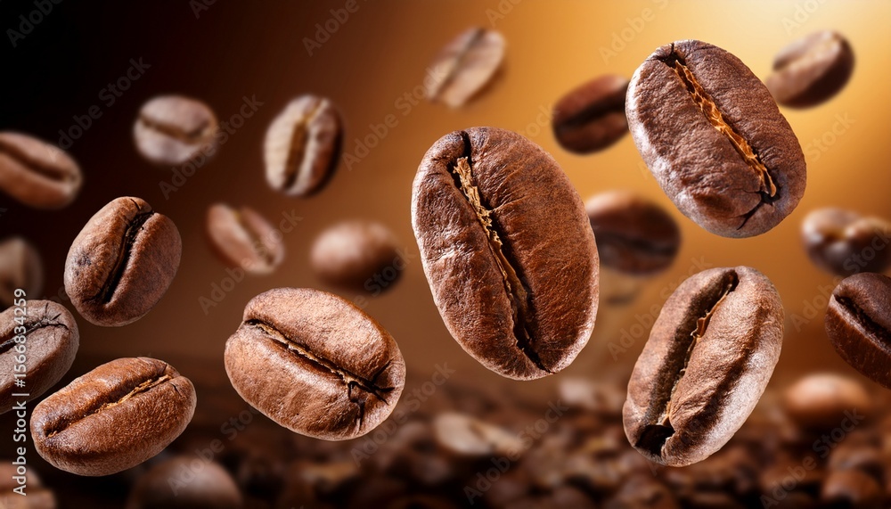 Fototapeta premium coffee beans in mid air close up