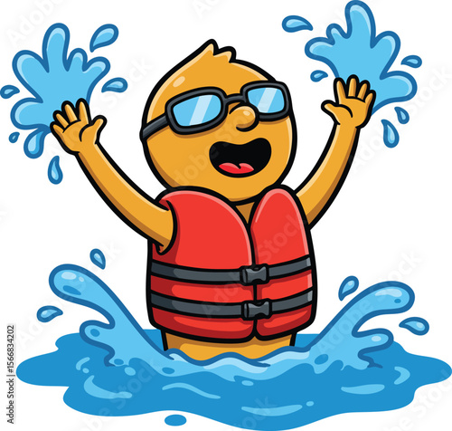 Cute cartoon character wearing life jacket and sunglasses splashing water happily in pool or lake vector illustration