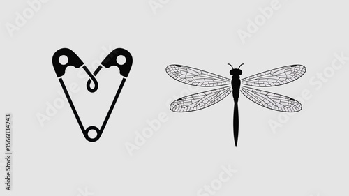A graphic illustration of a safety pin heart and a dragonfly on a light gray background