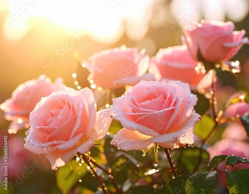 Soft pink roses with water droplets and glowing sunlight
