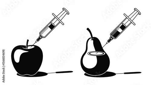 Black and white illustration of an apple and pear being injected with a syringe on white background
