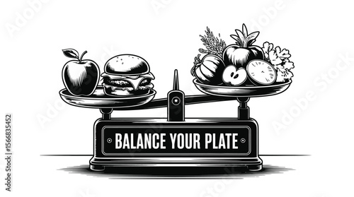 Scales balancing burger and apple with healthy fruits and vegetables in black and white illustration
