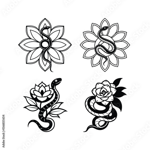 Snake and Flower Tattoo Designs in Black and White Line Art Style