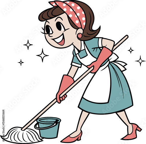 Retro Housewife Cleaning: Mop, Bucket, and Sparkling Clean Illustration
