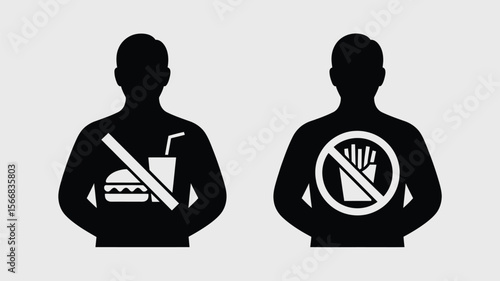 Two silhouettes showing no junk food and no fries in a black and white graphic illustration