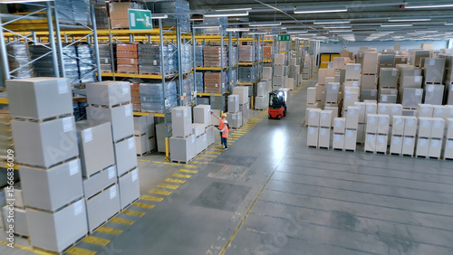 In a busy cargo warehouse, workers manage towering goods, ensuring global supply chains. A worker signals a forklift, showcasing industrial logistics precision.