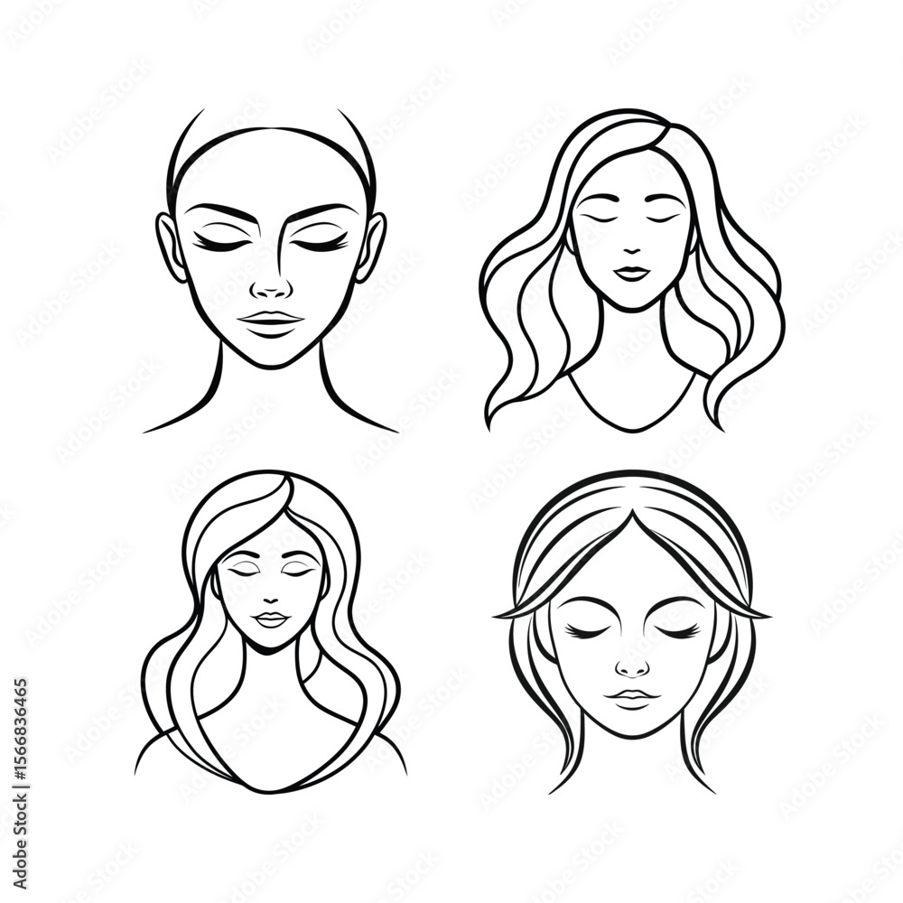 Four Line Art Woman Faces with Different Hairstyles and Closed Eyes Four Line Art Woman Faces with Different Hairstyles and Closed Eyes