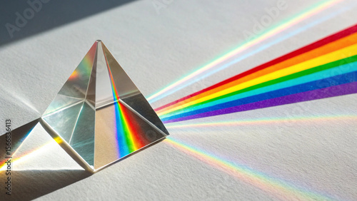 A crystal prism refracting light into a rainbow spectrum on a white surface in bright sunlight