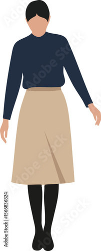 Woman standing wearing navy blue top beige skirt and black tights vector illustration in simple style