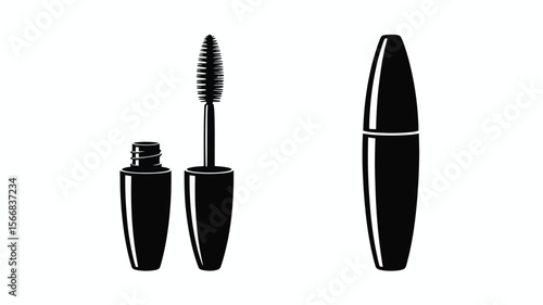 Black mascara tube and applicator brush isolated on a white background in a minimalist style art