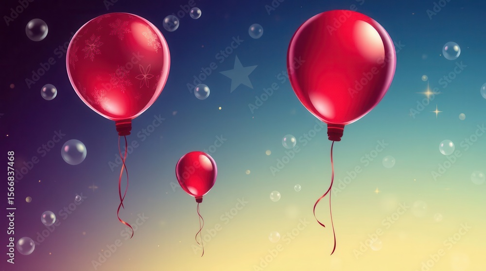 Fototapeta premium Floating Balloons: Red balloons with ribbons and bubbles against a magical, gradient colored background.