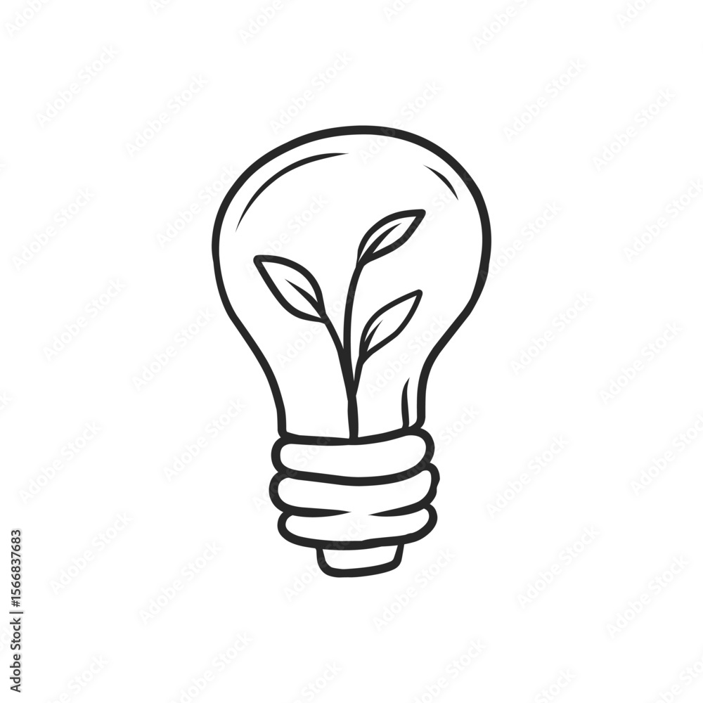Innovative Hand-Drawn Light Bulb with Sprouting Leaves for Green Energy Idea Icon Innovative Hand-Drawn Light Bulb with Sprouting Leaves for Green Energy Idea Icon