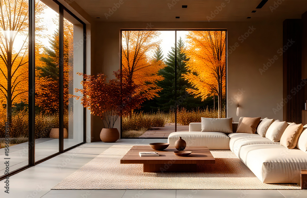Fototapeta premium Contemporary lounge with minimalist furnishings, natural wood furnishings and abundant natural light