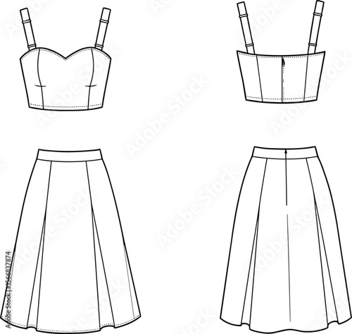 Sleeveless crop top and pleated skirt sketch, fitted strap design with high-waisted silhouette, fashion drawing, front and back garment illustration template