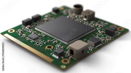 Close up of a microcontroller board with electronic components and circuits