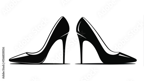 Two black high heel shoes facing each other on a plain white background in a vector graphic style
