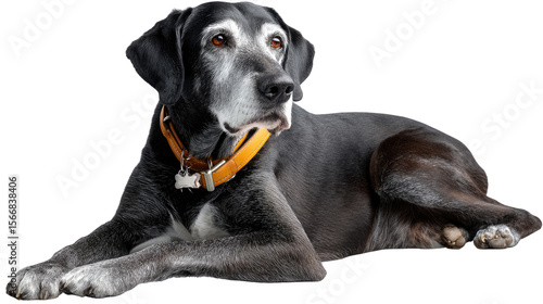 Loyal Companion: A dignified, elderly dog with a graying muzzle rests serenely. The animal's attentive gaze and relaxed posture suggest a life of companionship and love. 