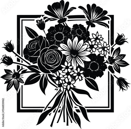 Elegant black and white silhouette floral arrangement featuring roses and daisies within a square frame