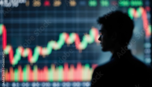 A Blurred Silhouette of a Person is Seen in The Foreground With a Background of a Stock Market Chart Displaying a Fluctuating Trend Line in Red and Green