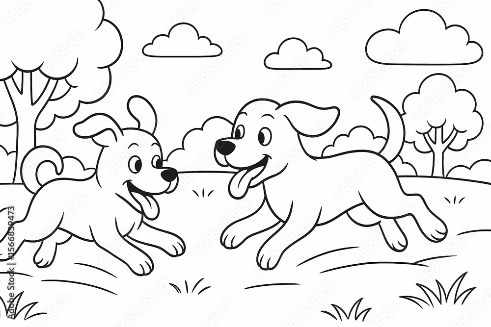 Cute coloring page of two happy dogs chasing each other in a park with trees and clouds. Perfect for kids who love playful puppies Cute coloring page of two happy dogs chasing each other in a park with trees and clouds. Perfect for kids who love playful puppies