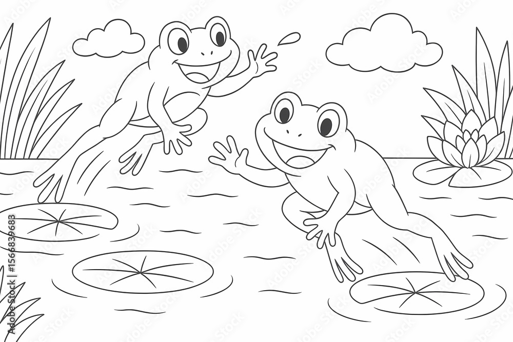 Cute coloring page of two happy frogs jumping on lily pads in a pond surrounded by plants and clouds. Perfect for kids who love fun nature scenes Cute coloring page of two happy frogs jumping on lily pads in a pond surrounded by plants and clouds. Perfect for kids who love fun nature scenes