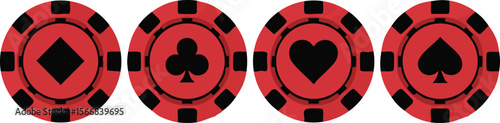 Red casino poker chips with diamond club heart and spade symbols vector illustration for gambling game design elements