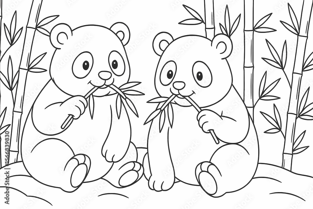 Naklejka premium Cute coloring page of two pandas sitting side by side eating bamboo in a forest. Perfect for kids who love adorable wildlife scenes
