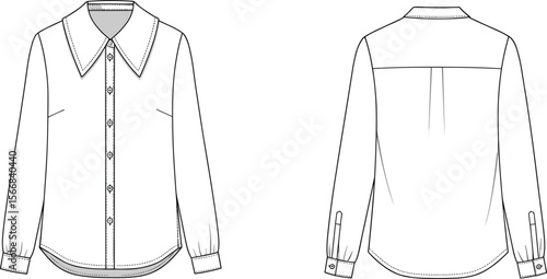 Long-sleeve button-up shirt sketch, pointed collar, cuffed sleeves, back yoke pleat, curved hemline, front and back views, fashion garment illustration template