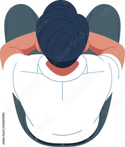 Aerial view of a man sitting on a gray chair with his hands resting on his knees on a tiled white floor