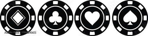 Poker chips with diamond club heart spade symbols casino gambling vector design icons black and white
