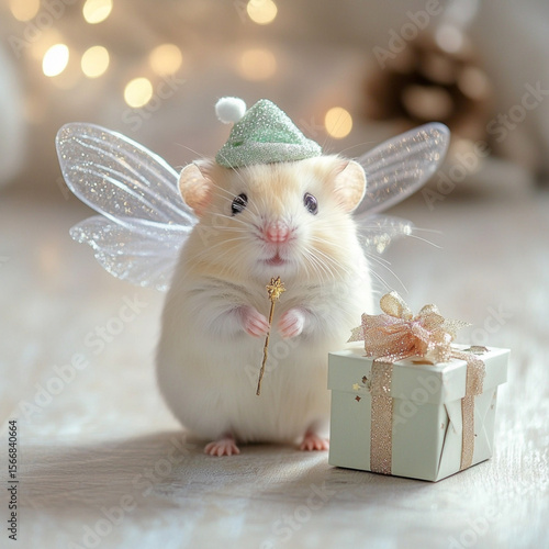 A cute, fluffy hamster in the role of a good fairy holds a magic wand.