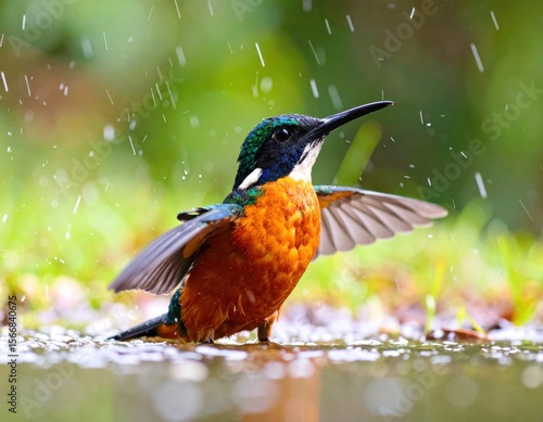 Vibrant kingfisher in the rain, wings spread wide, enjoying