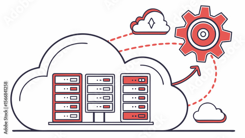 Conceptual illustration of cloud computing infrastructure with servers and a gear representing processing and operations isolated on white background