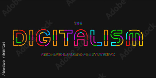 Digital colorful alphabet, vibrant linear sans serif lettering, futuristic puzzle font for kids zone game logo, bright cosmic headline, robotic techno display, playful typography, vector typeset