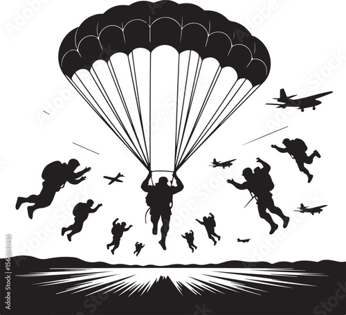 Skydiver Freefall Silhouette Over Mountains

Parachutist Deploying Canopy Vector Design

Tandem Skydiving Silhouette Scene

Parachute Opening in Midair Vector Art

Landing Parachutist Silhouette Illus