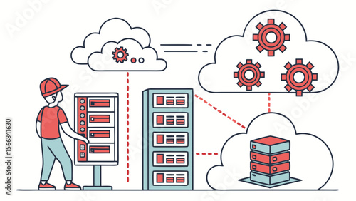 It technician managing cloud computing infrastructure with servers and gears representing data processing and network connectivity isolated on white background