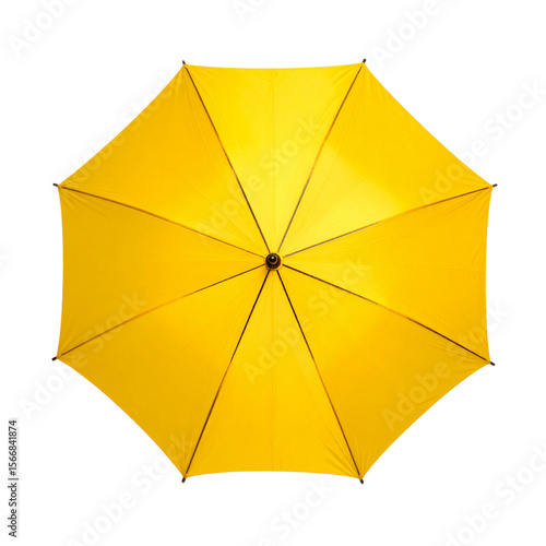 Top View of Yellow Umbrella with Visible Radial Ribs and Geometric Symmetry, Cutout on White Background
