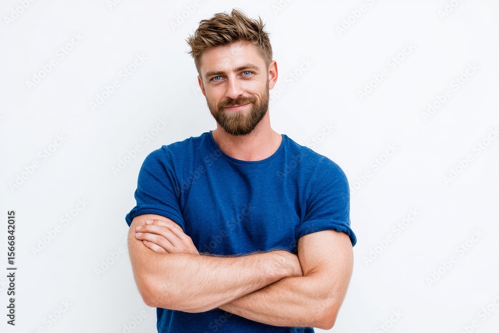 Obraz premium Portrait of a confident handsome bearded man smiling with crossed arms. A friendly young caucasian male model posing in a blue shirt on a white background.