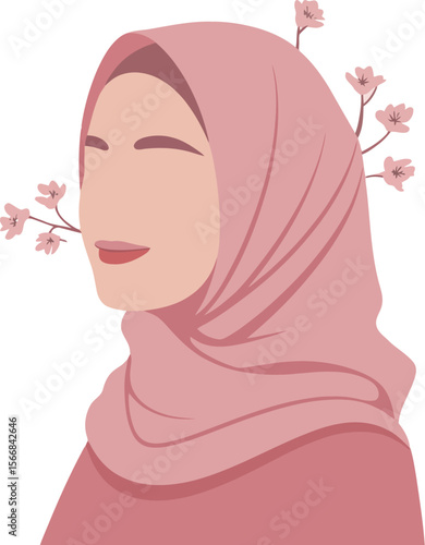 Illustration of a woman with a pink hijab and cherry blossoms on a light pink background design art